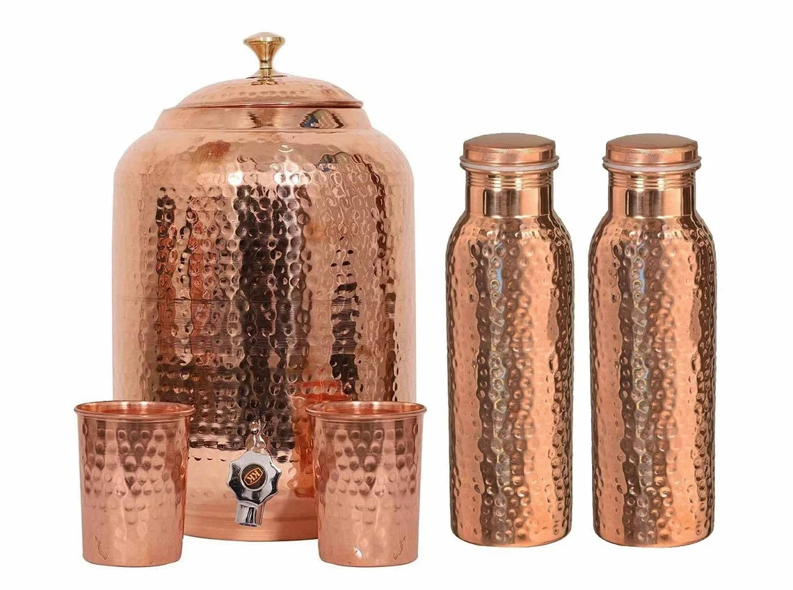 Handmade Pure Copper Hammered Pure Copper Water Dispenser Pot 4Ltr Tank 2 Bottle gallery