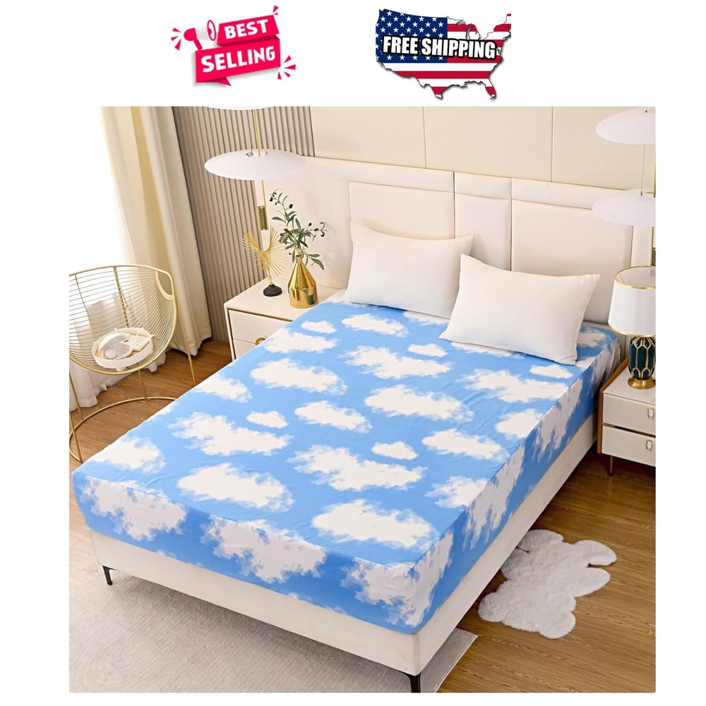 Sky Cloud Print Fitted Sheet Twin Size Deep Pocket Soft Polyester Bedding Cover