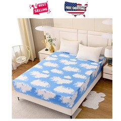 Sky Cloud Print Fitted Sheet Twin Size Deep Pocket Soft Polyester Bedding Cover