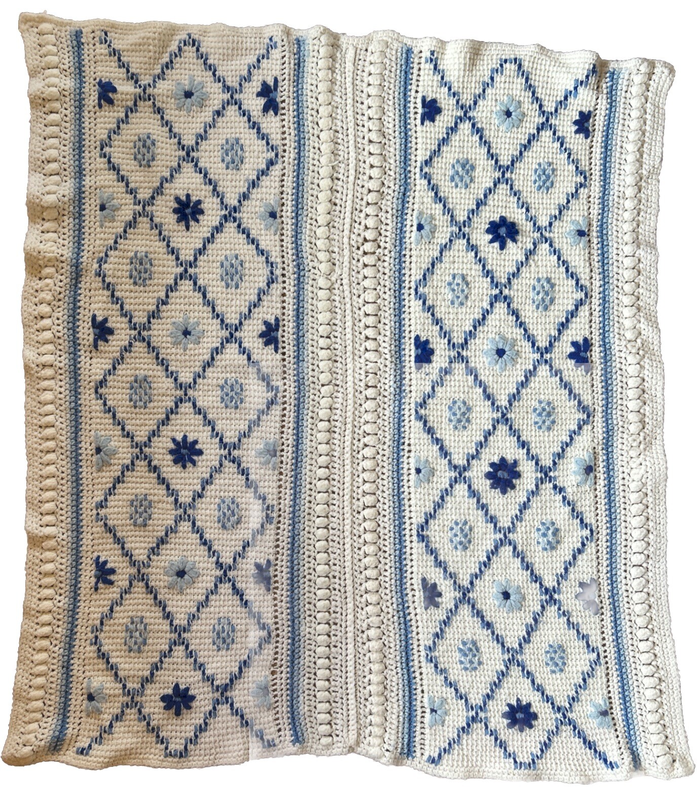 GrannyCore Blanket Throw 41 x 49” White Blues Flowers Baby Crochet Knit Diamonds gallery