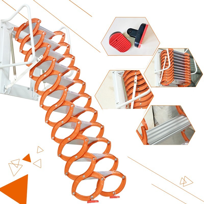 Orange Wall Mounted Collapsible Folding Ladder Loft Stairs 27.6*27.6 in Max9.8ft gallery