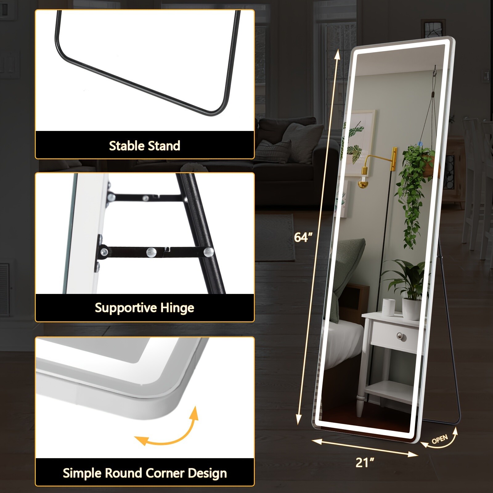 1pc 64"x21" Full-Length LED Standing Mirror adjustable light Stable stand gallery