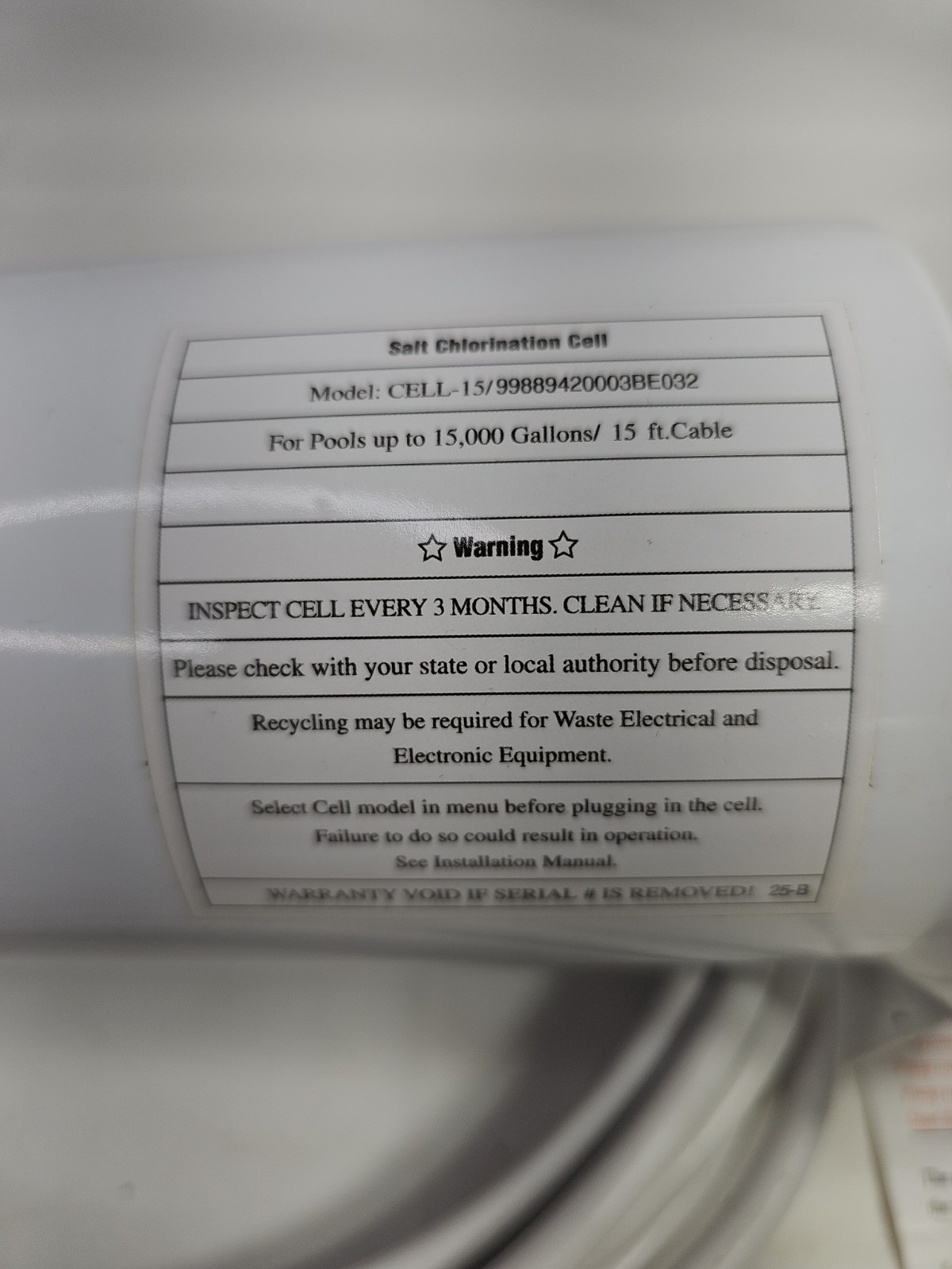 Salt ChIorination Cell CELL-15/99889420003BE032 For Pools up to 15,000 Gallons gallery