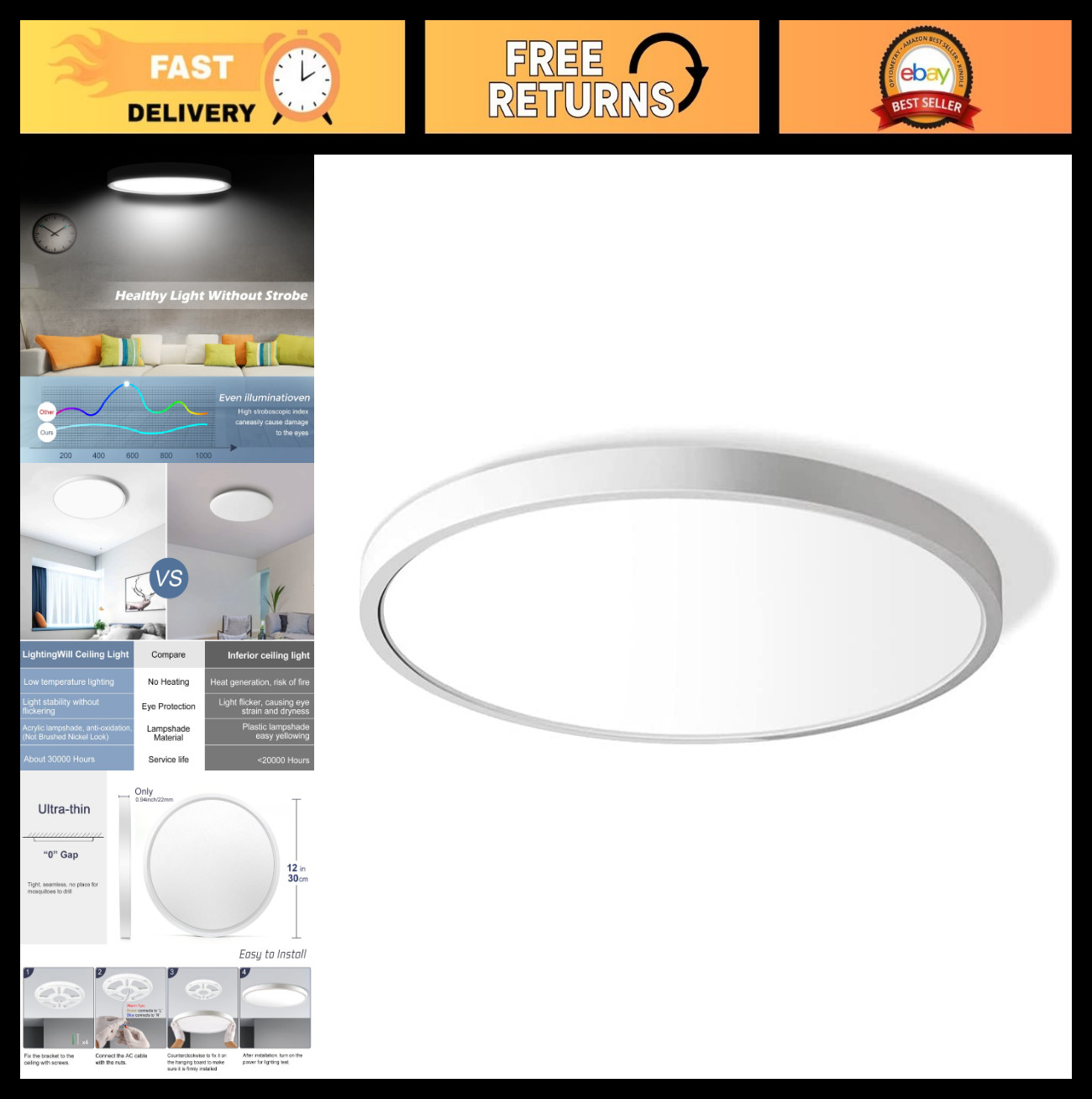 12" LED Flush Mount Ceiling Light, 5000K Daylight, 3200LM, Modern Round Fixture gallery
