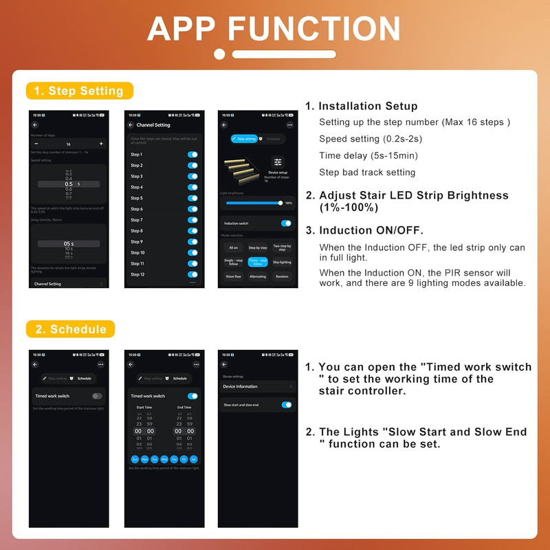 Smart Motion Sensor LED Stair Lights Kit with APP & Remote Control, 3000K gallery