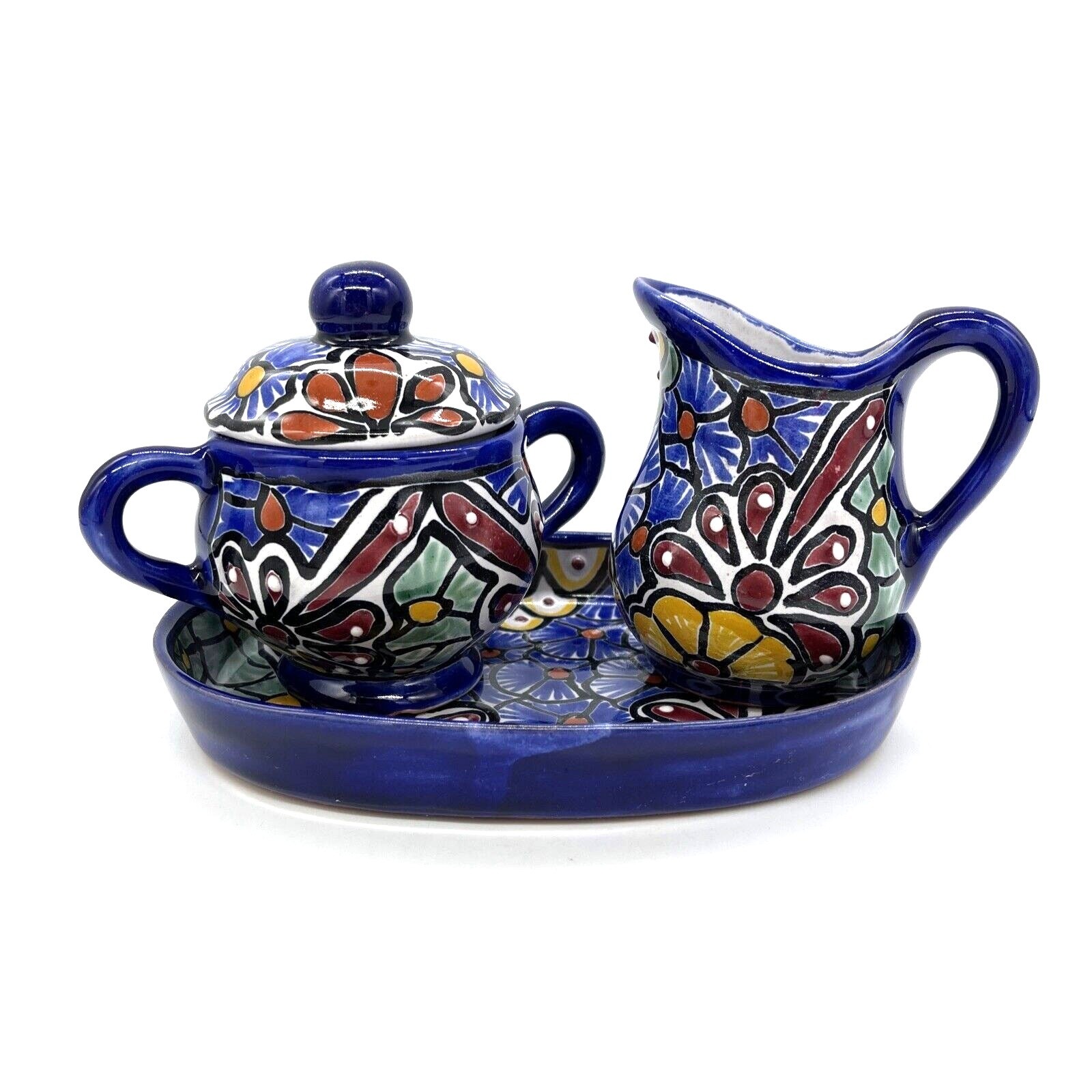 Blue Floral Ceramic Pottery Embossed Creamer and Sugar Bowl Set Made in Mexico gallery