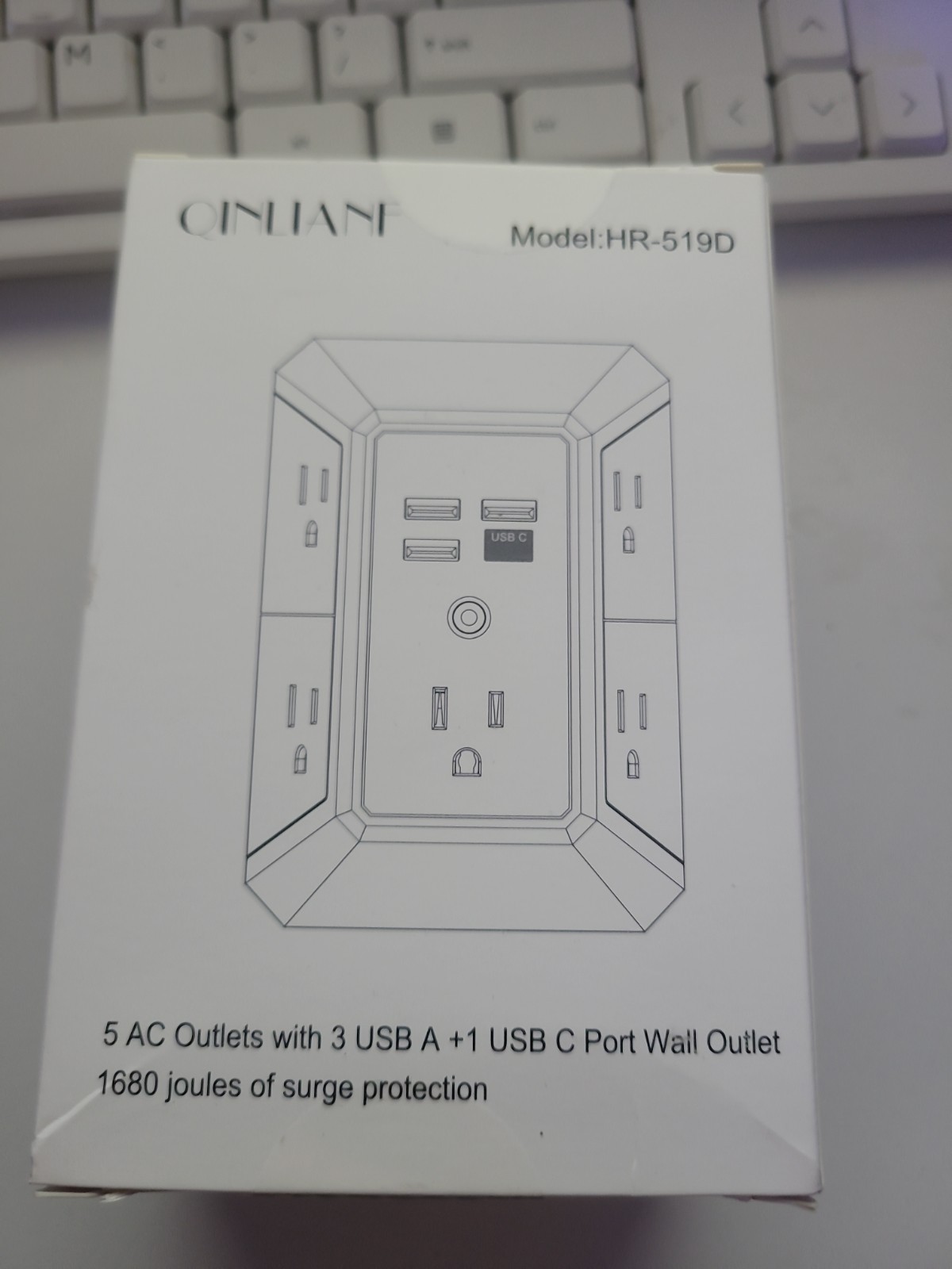 QINLIANF 5 Outlet Surge Protector, USB & USB-C Ports, 1680J, Fireproof, White gallery