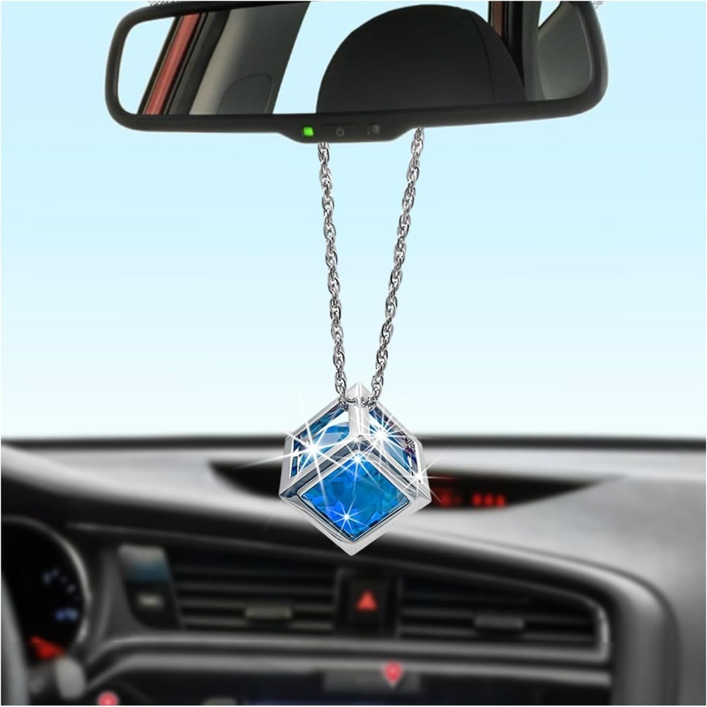 Bling Diamond Cube Car Rear View Mirror Charms, Crystal Sun Catche Color: Blue