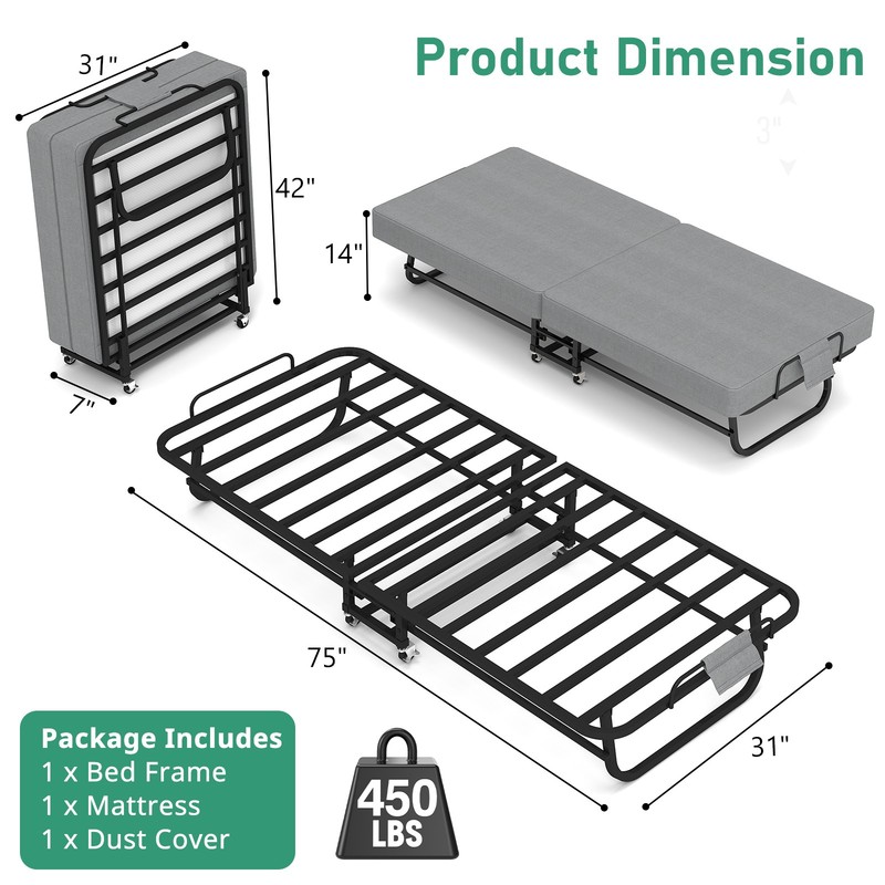 Portable Folding Bed Guest Bed with Memory Foam Mattress & Metal Frame Rollaway gallery