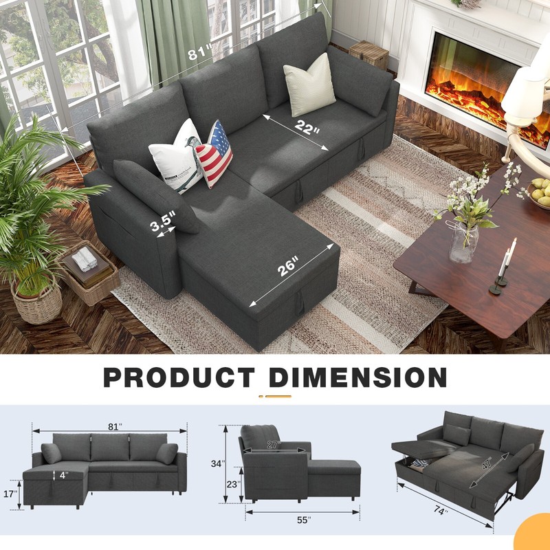 Linen Sleeper Sofa Bed,Pull OutCouch Bed with Storage Chaise gallery