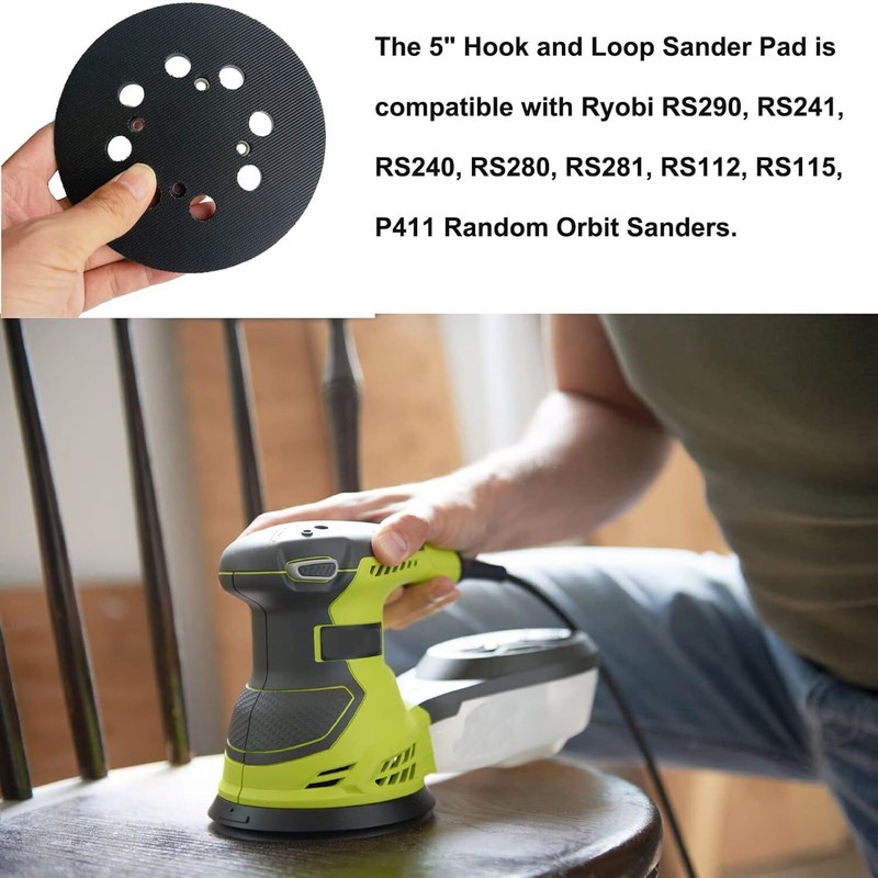 2 Pack 5 Inch 8 Hole Hook-and-Loop Orbital Sander Pad for Ryobi RS290, RS240, gallery