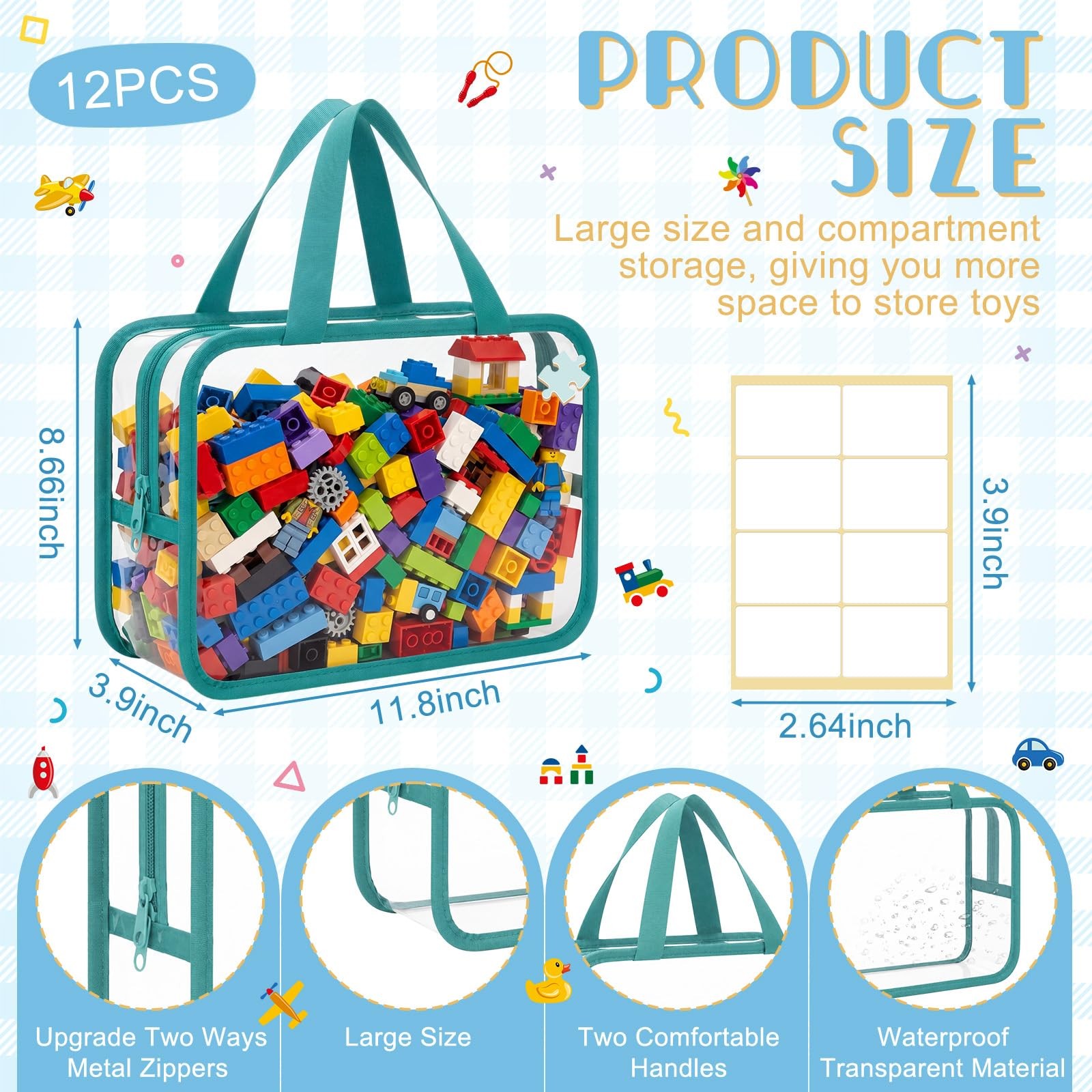 12 Pack Large Toy Storage Bags with Labels, Reusable Clear PVC Toy Organizer ... gallery
