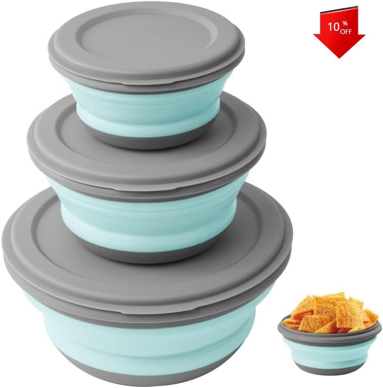 3-Piece Foldable Camping Bowl Set, Portable Silicone Bowls with Lids gallery