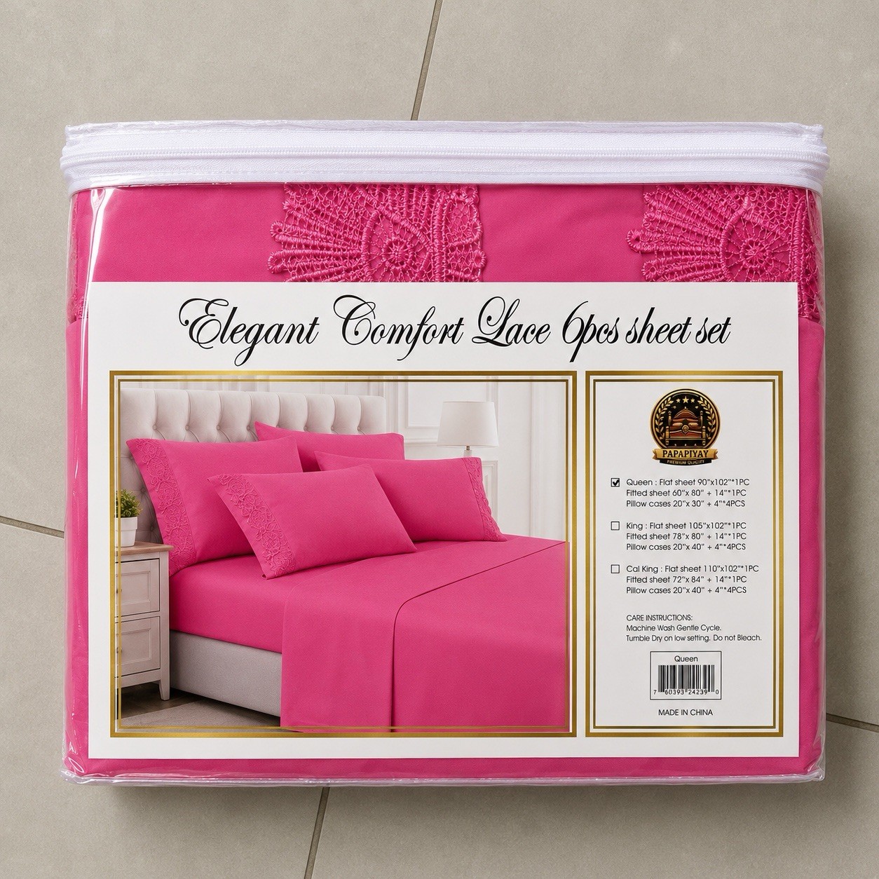 PAPAPIYAY Elegant Comfort Lace 6pc Queen Sheet Set Pink Luxury 401-600 TC gallery