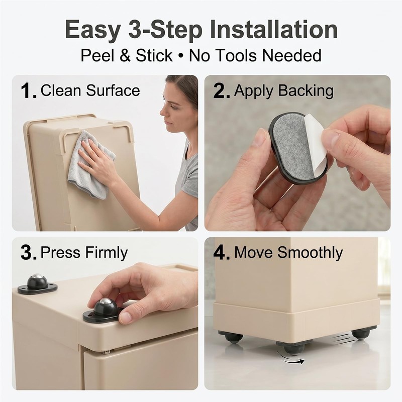8 Black Self-Adhesive Mini 360° Swivel Casters, Silent, Non-Scratch, 66lb Cap gallery