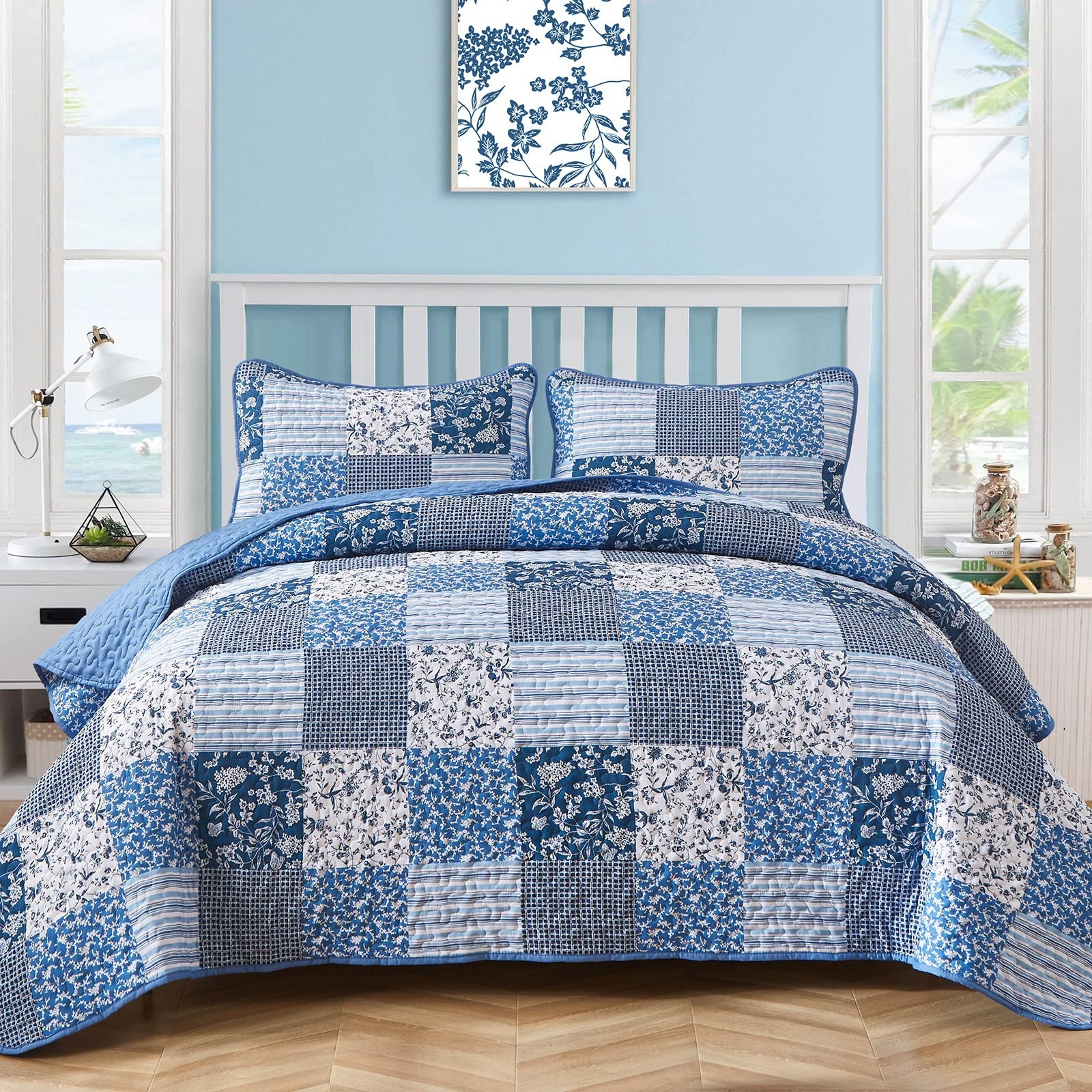 King Size Blue Boho Quilt Set - 3 Piece Plaid Floral Bedspread, Reversible Beddi gallery