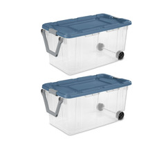 Sterilite 105 Qt Latching Storage Bin 2 Pack Clear Plastic Blue Lid