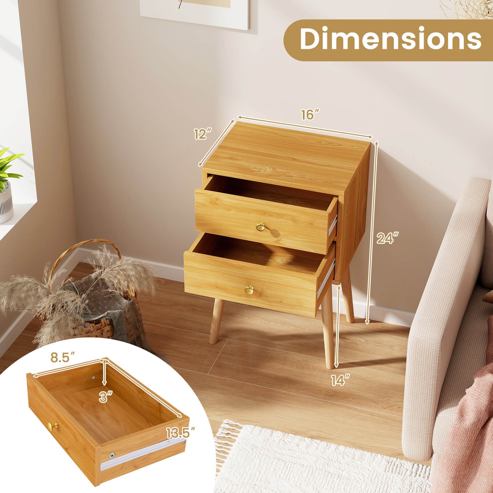 Mid Century Modern 2 Drawers Nightstand In Natural Sofa Side Table End Table gallery
