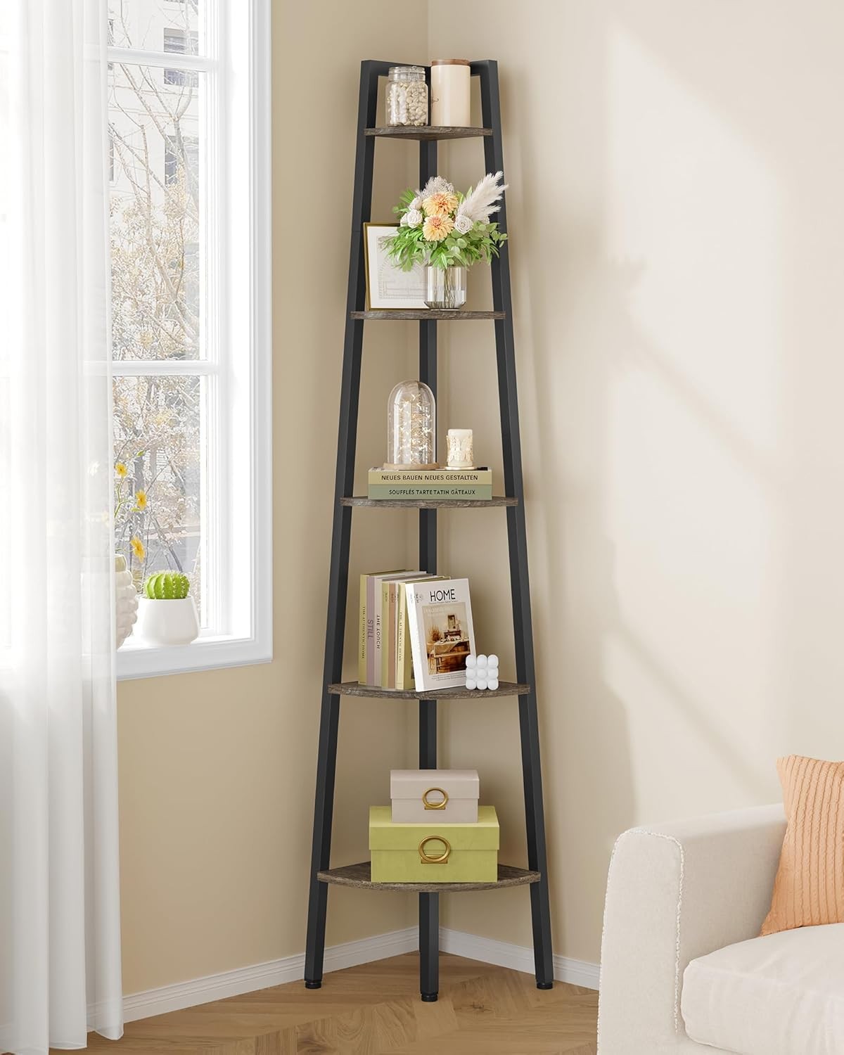 Hoctieon Corner Shelf 5 Tier Corner Bookshelf Rustic Grey gallery