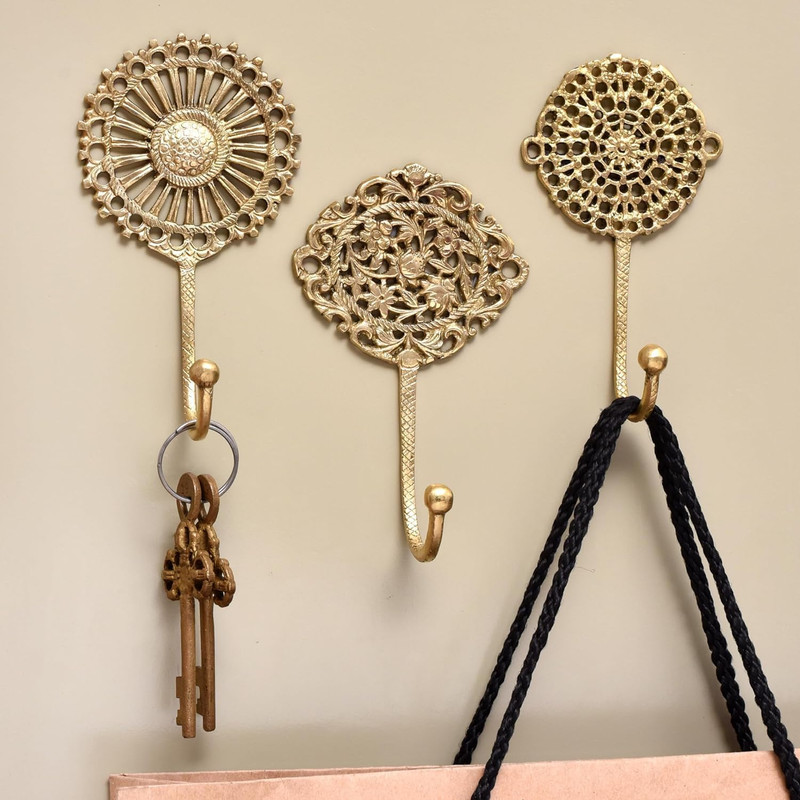 Solid Brass Boho Decorative Wall Hooks - Holds Up to 33 lbs - Vintage Gold Wall gallery