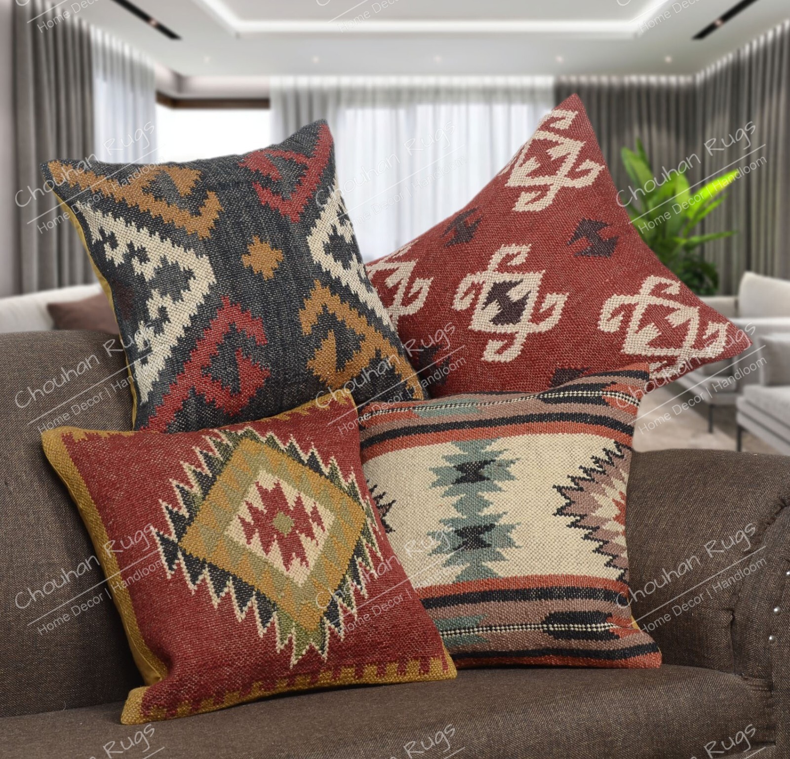 Indian 4 Set Multicolor Cushion Cover Jute Kilim Rugs Handwoven Tribal Pillow gallery