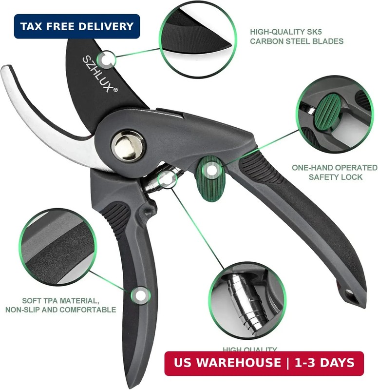 SZHLUX Pruning Shears, Premium SK5 Carbon Steel Blades Hand Pruner for Garden, S gallery