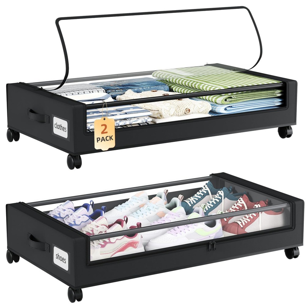 Under Bed Storage with Wheels, 2 Pack Bed Storage Containers with Dividers & ...