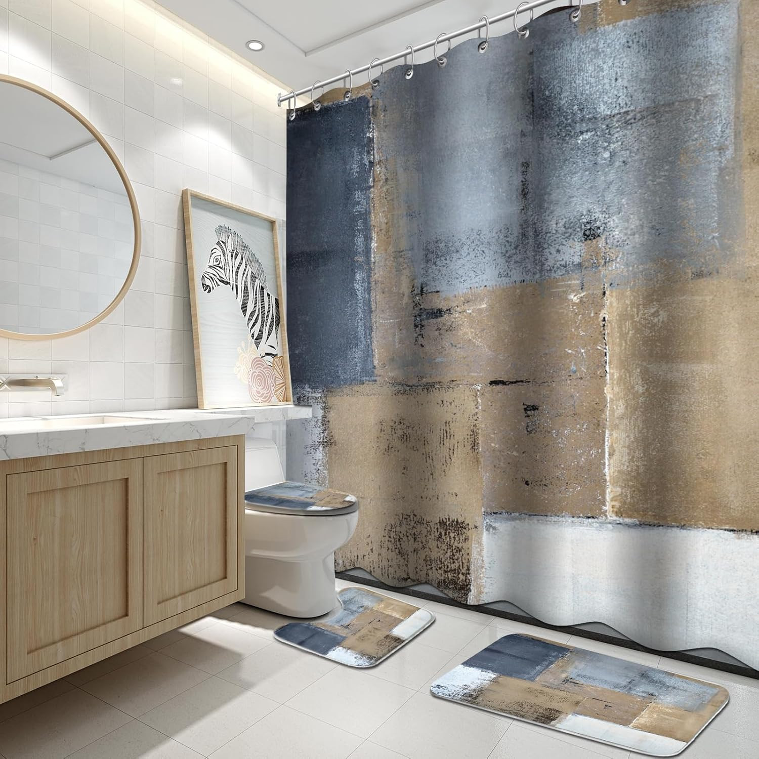 4Pcs Bathroom Shower Curtain Sets with Rugs,Brown and Blue Painting Art Bathroom gallery