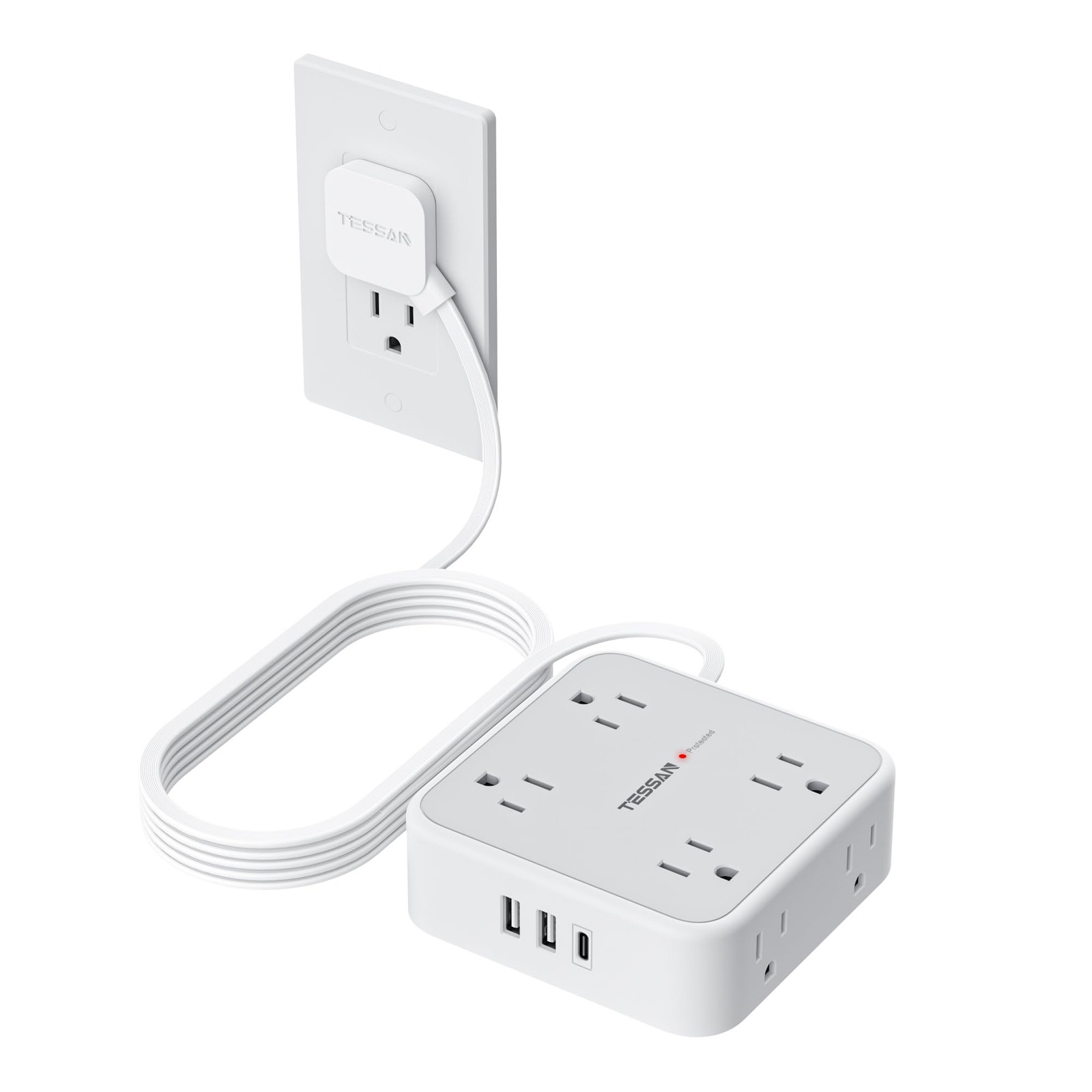 TESSAN 10 Ft Surge Protector Power Strip, 3 USB(1 10 feet, Grey with 1 USB C gallery
