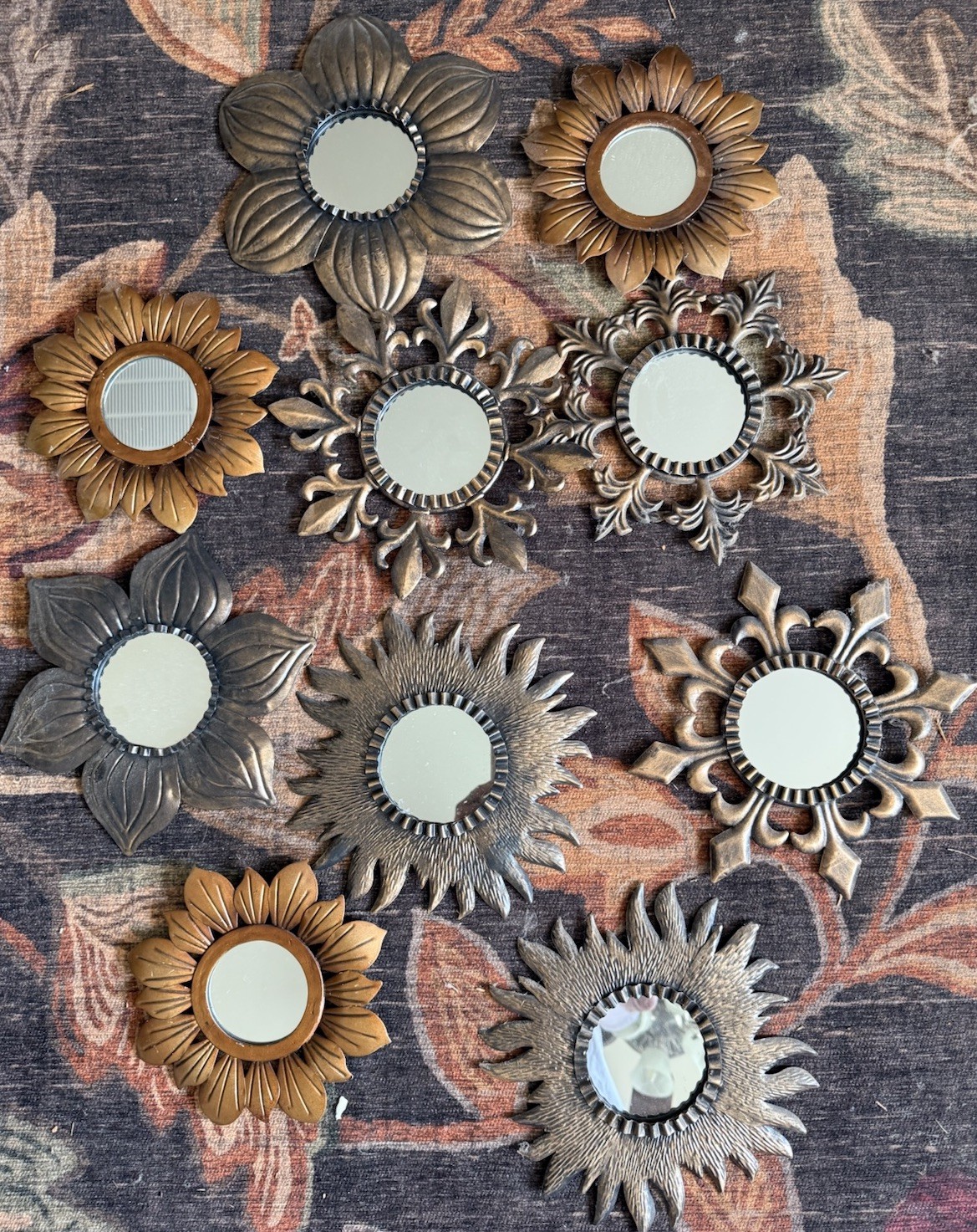 10 Small Metal Copper Brass Mirrors Decoration Flower Sun Stars Shaped 8” gallery