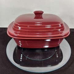 Pampered Chef Stoneware Deep Covered Baker 3.1 Qt Oval Cranberry Roaster