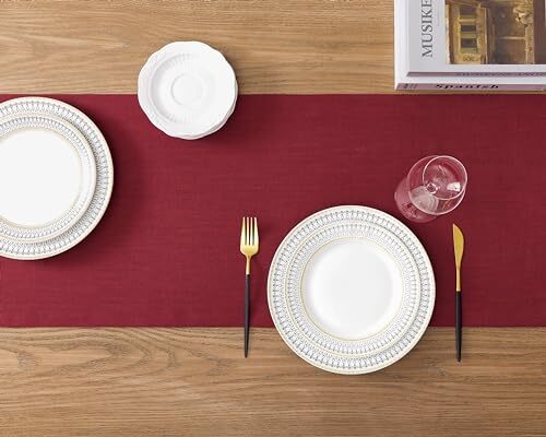 Linen Textured Border Table Runner, 14 x 48 Inch Farmhouse 14x48 Inch Red gallery