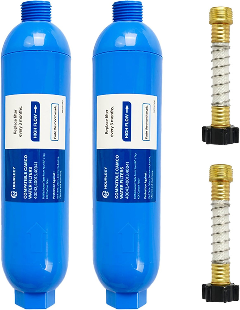 2 Pack RV Inline Water Filter with 2 Flexible Hose Protector, Reduce Bad Taste,
