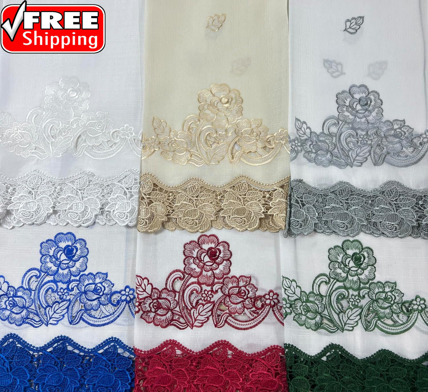 GOHD Lace Rosarium Kitchen Curtains, 3PCS Kitchen Curtains and Valances Set, Ele gallery