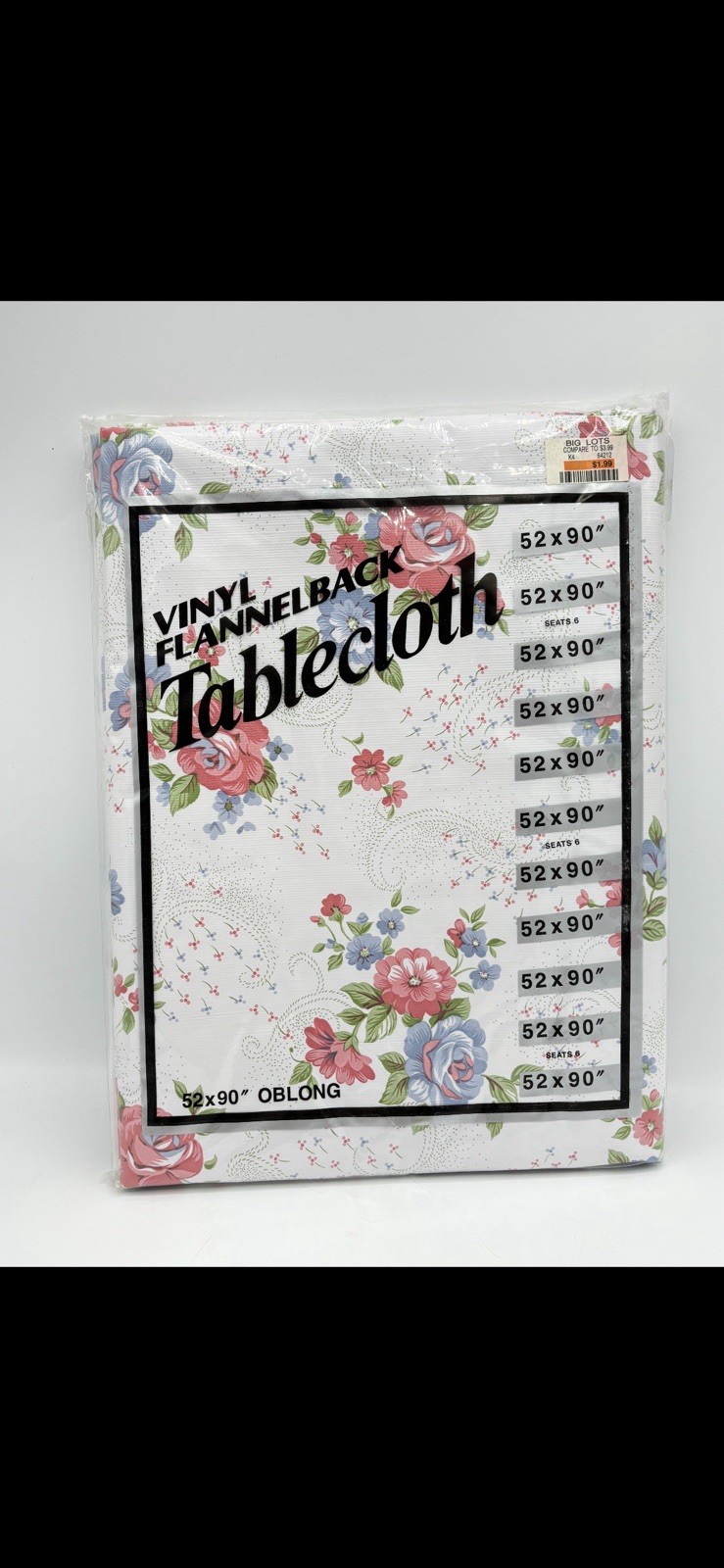 Vinyl Flannel back Tablecloth “52x90” White With Floral Pink & Blue gallery