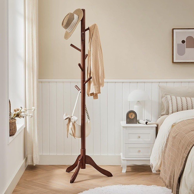 Durable Solid Wood Coat Rack Adjustable Height 3 Sections 8 Hooks Stable Base US gallery