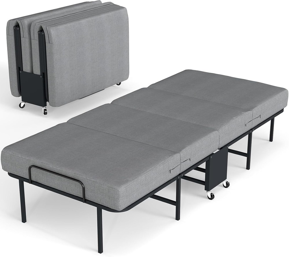 Portable Bed Foldable Rollaway Guest Bed with Mattress and Metal Frame 75" x 38"