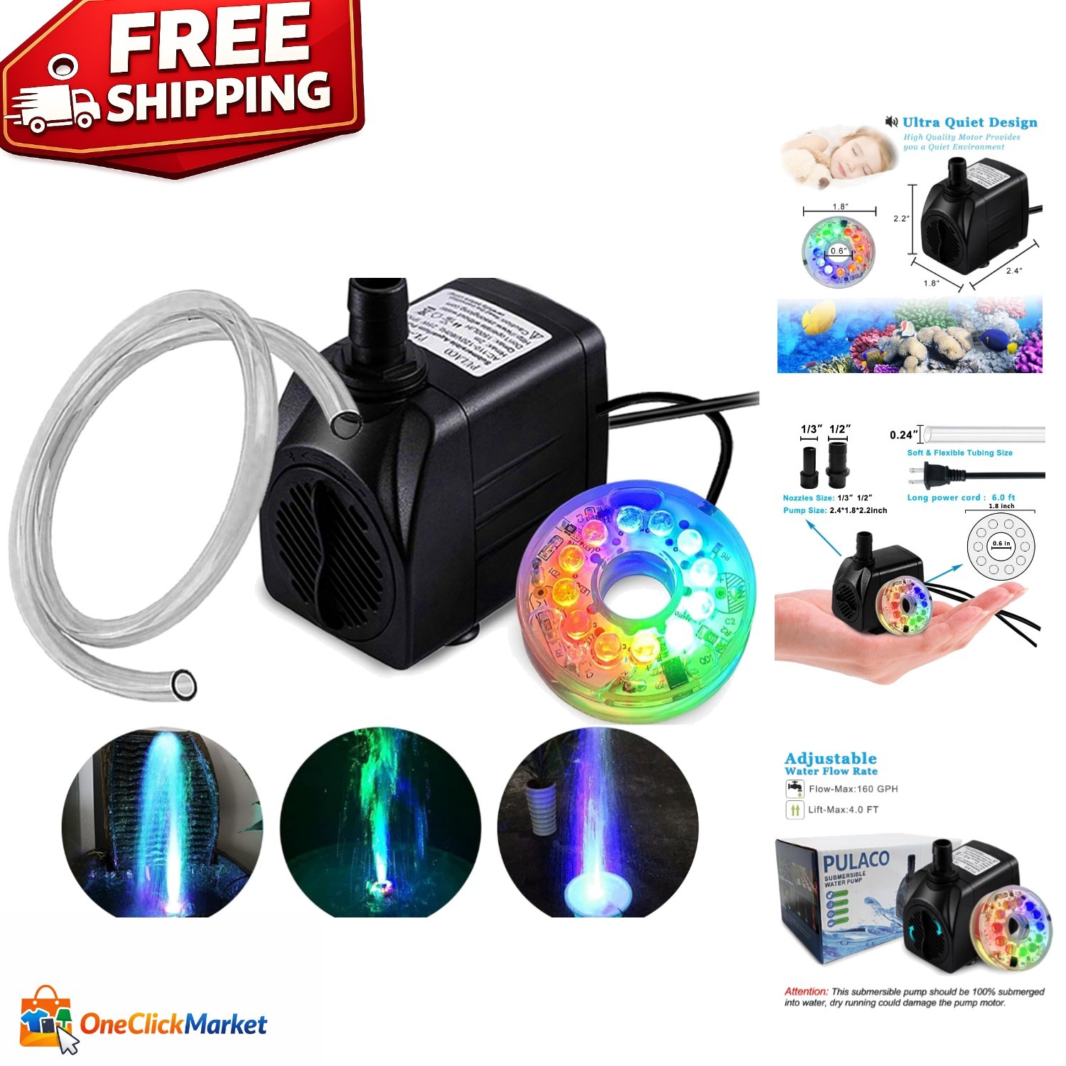 Automatic LED Light Fountain Pump - 10W Submersible with Adjustable Water Flow gallery