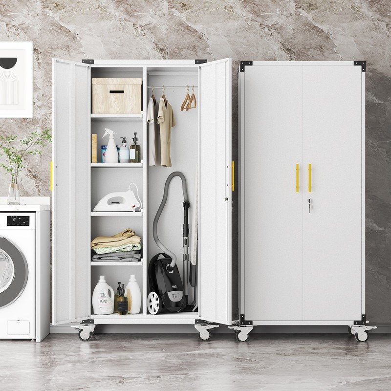71" Rolling Metal Tool Cabinet, Lockable Cleaning Cabinet with Hooks for Garage gallery
