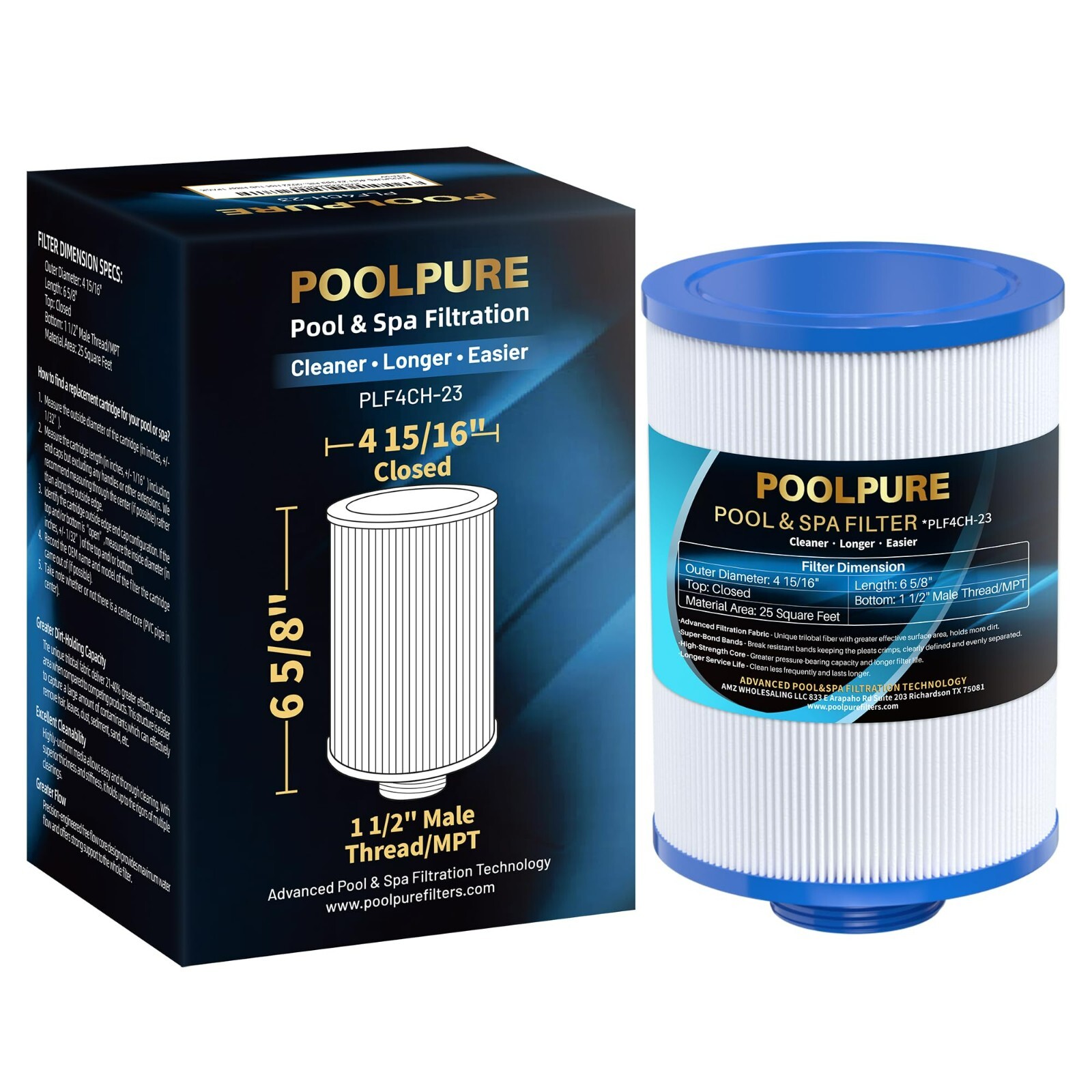 POOLPURE 4CH-23 Spa Filter Replaces PFF25TC-P4, Lifesmart 303263, 78459 gallery