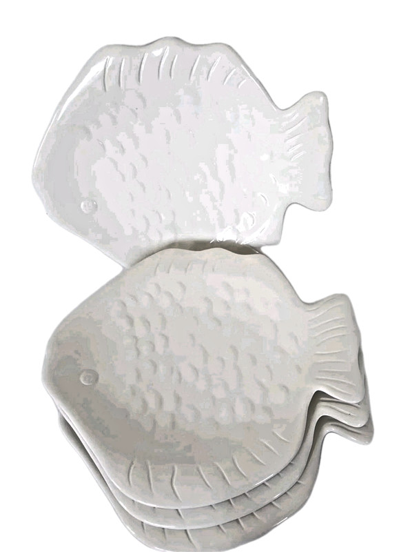 Home Studio Coastal Collection White Embossed Fish 10” Ceramic Plates 4 Pc Set gallery