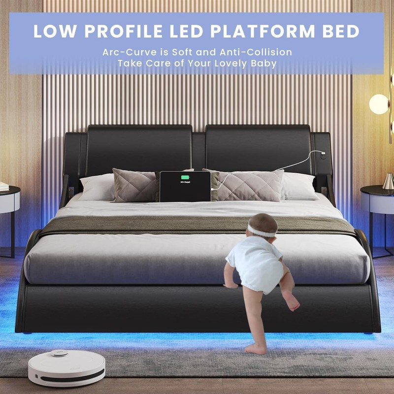 Queen Bed Frame with Led Lights,Charging Ports,Faux Leather Upholstered Beds gallery