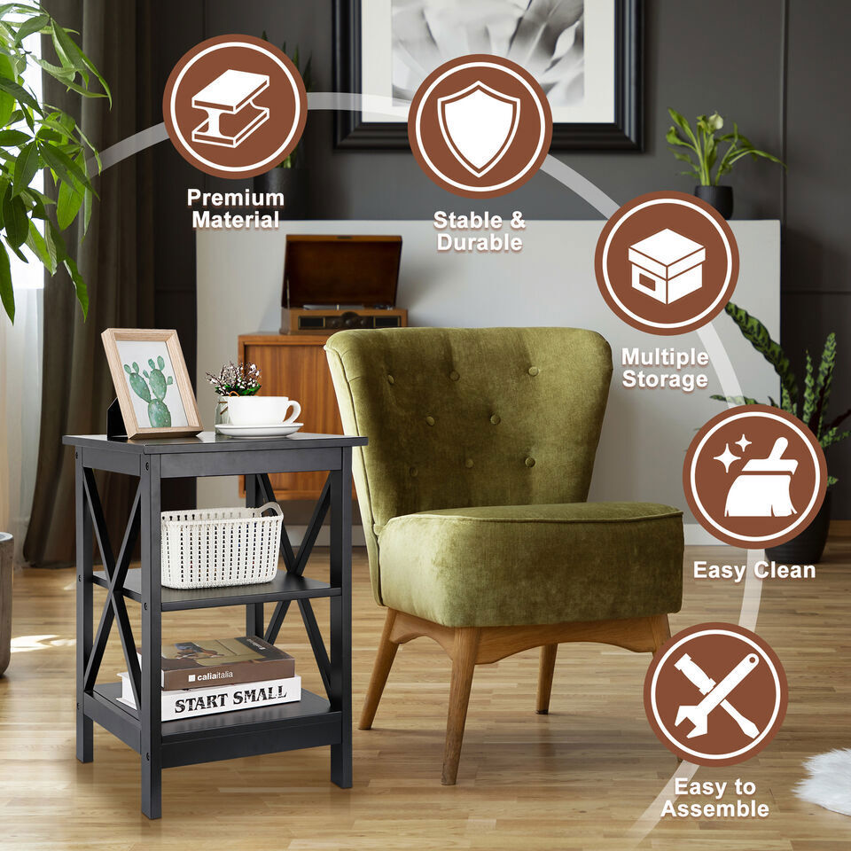 3-Tier Side Table 24" End Table X-Design with Storage Shelves Black/White/Brown gallery