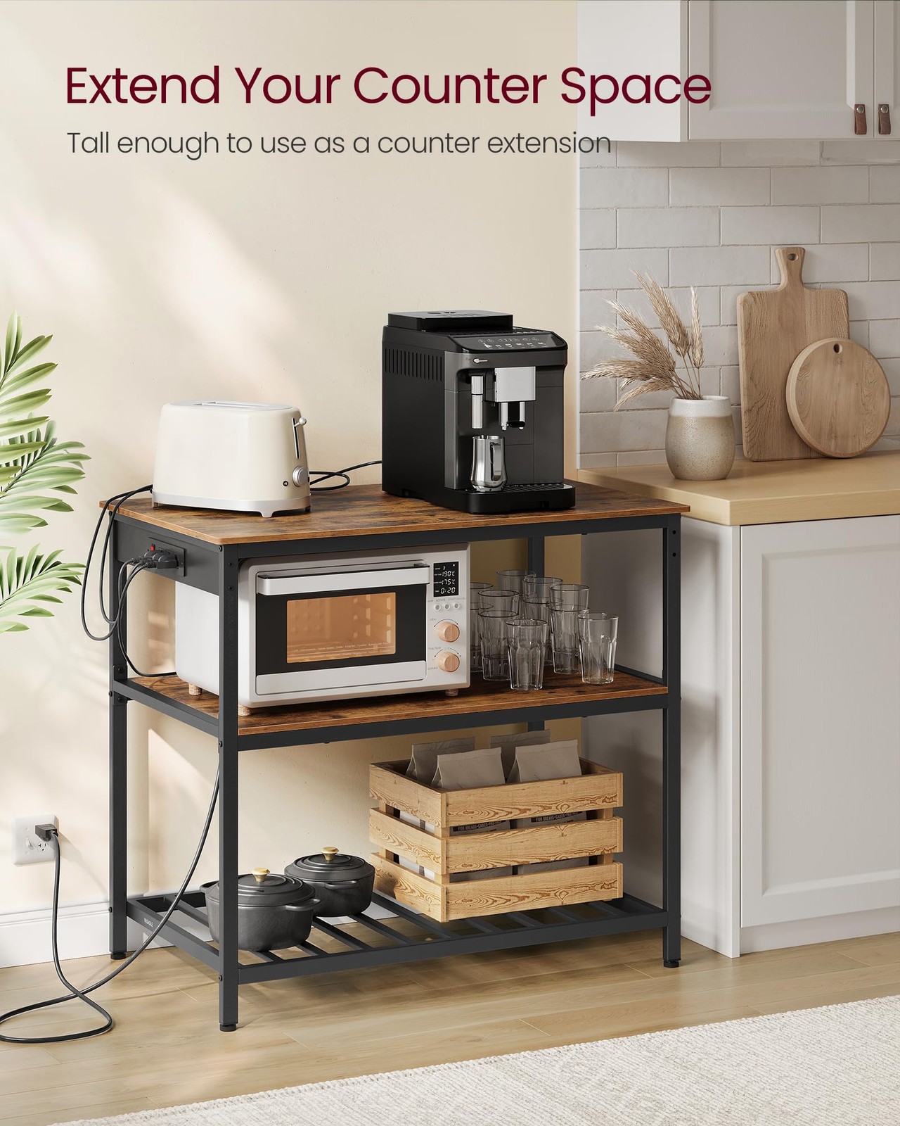 Kitchen Island 39.4 Width 3 Shelves Power Strip Rustic Brown Black UKKI105K01 gallery