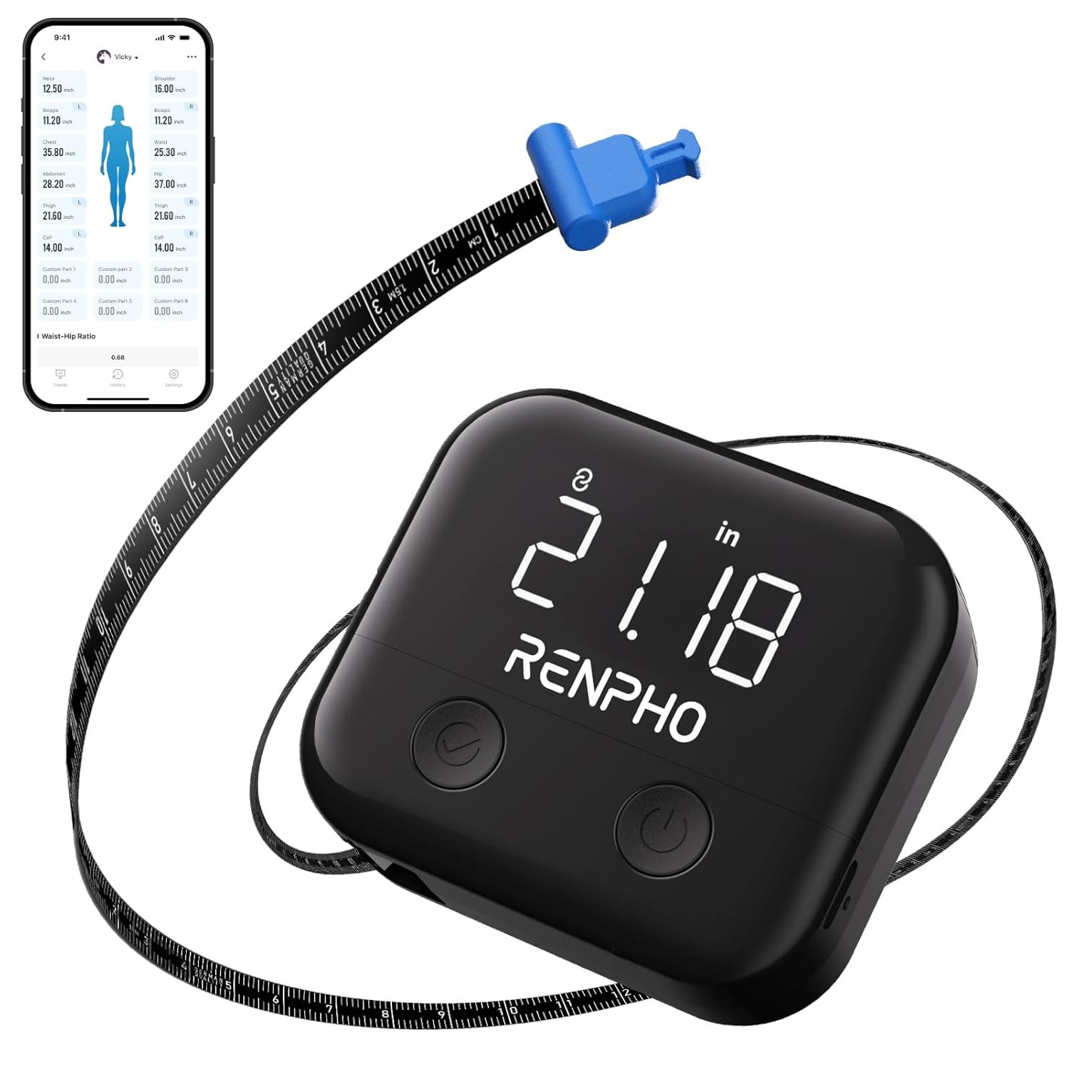 RENPHO Smart Body Measuring Tape Rechargeable Tape Measure with LED Display gallery