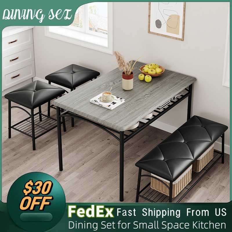 Dining Set Table with Wine Rack and 2 Upholstered Stools Bench for Small Kitchen gallery