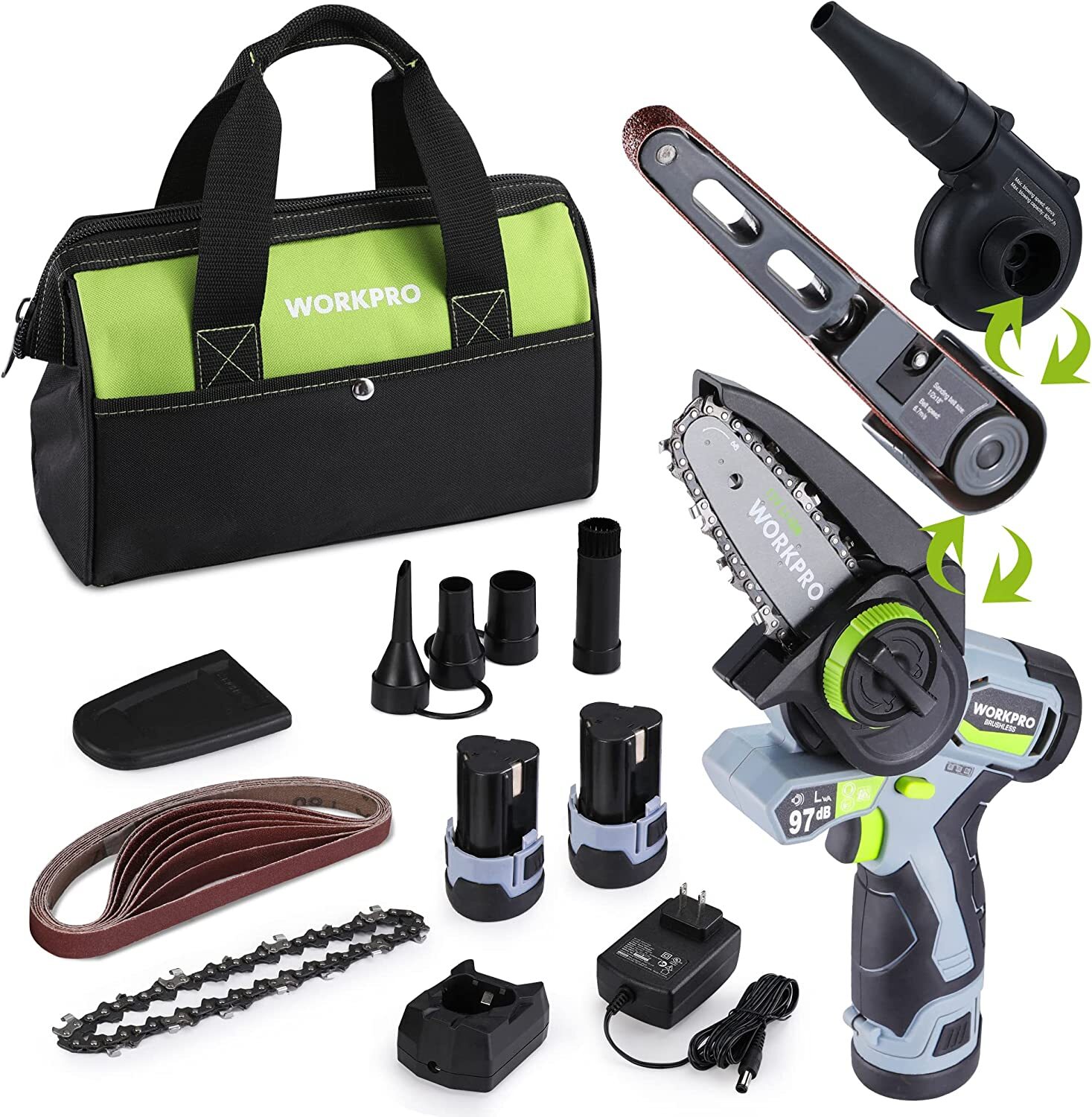WORKPRO Cordless Detail Belt Sander Mini Chain Saw 3-in-1 Power Tool Combo Kit gallery