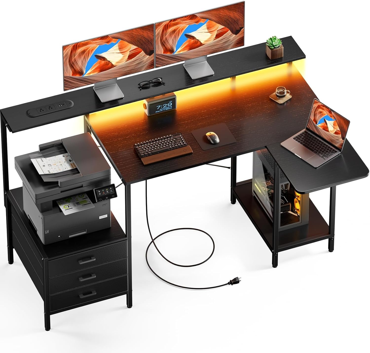 55 inch Computer Desk with Led Lights, Power Outlets and Storage Shelves, Black gallery