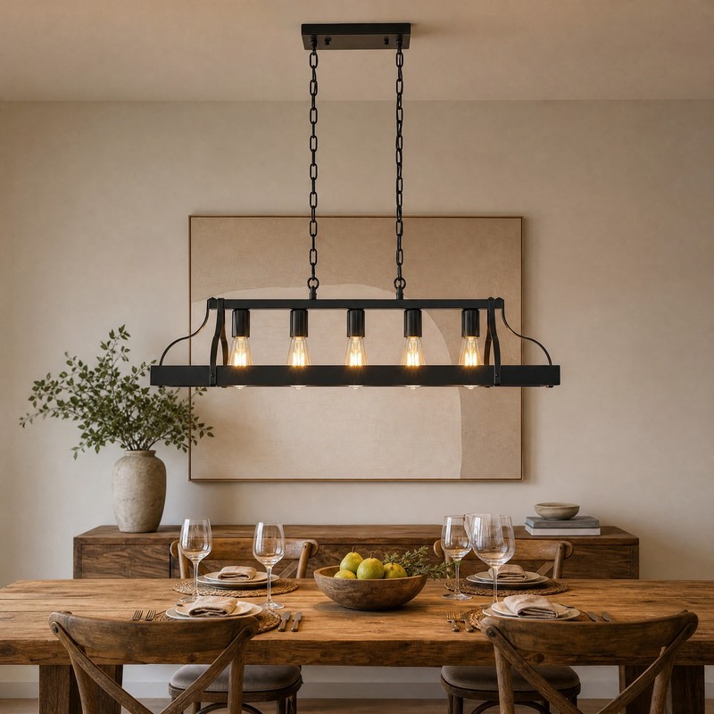 34'' Pendant 5 Light LED Black Linear Chandelier for Kitchen Living Room Fixture gallery