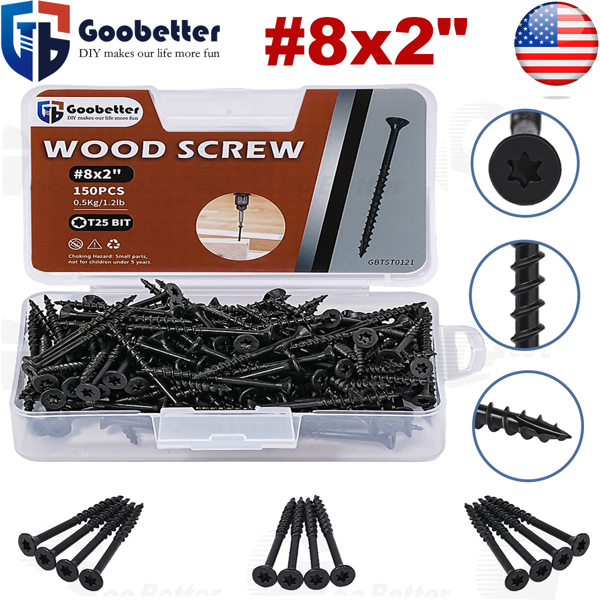 150pcs Torx T25 Star Flat Head #8x2" Lumber Wood Decking Fencing Screws Black gallery